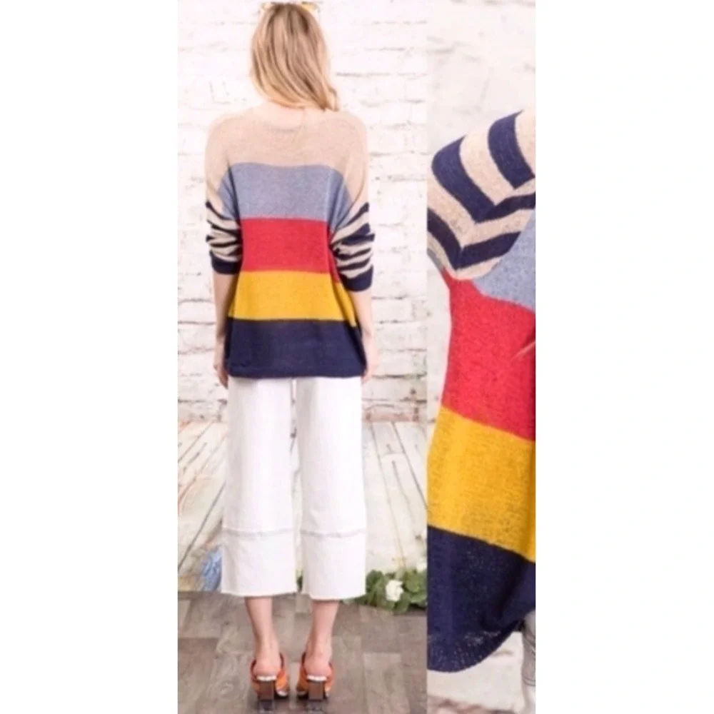 DAVI & DANI Airy Oversized KNIT SWEATER Crewneck COLORBLOCK STRIPES PRINT Sz S